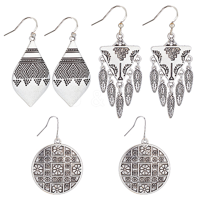 3 Pairs 3 Style Bohemia Teardrop & Flat Round & Triangle Alloy Geometry Dangle Earrings for Women EJEW-AN0002-25-1