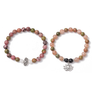 2Pcs Natural Rhodonite & Unakite & White Jade & Polychrome Jasper & Rose Quartz Round Beaded Stretch Bracelets BJEW-JB11953-1