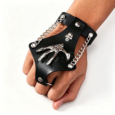Punk Alloy Skull Skeleton Hand PU Leather Hand Harness WGCFF43-01-1