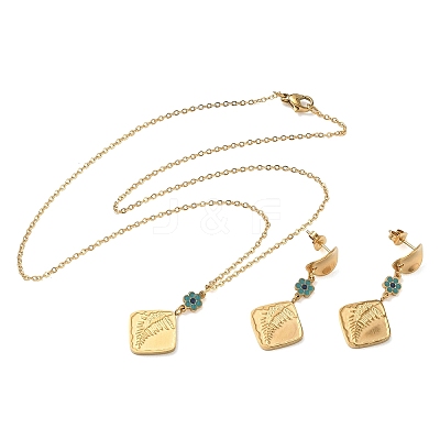 Rhombus 304 Stainless Steel Enamel Flower Pendant Necklaces & Stud Earrings Sets SA-CBA2C2A-02G-1
