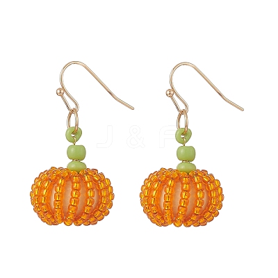 Wood & Seed Beaded Pumpkin Pendant Dangle Earring EJEW-JE05183-1