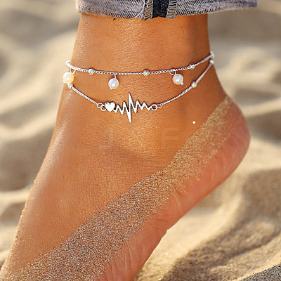Alloy Heartbeat & Plastic Pearl Bead Tassel Double Layer Anklets for Women FS-WG27204-01-1