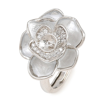 Flower Brass Micro Pave Cubic Zirconia & Enamel Cuff Ring Settings KK-CBAC351-06P-04-1