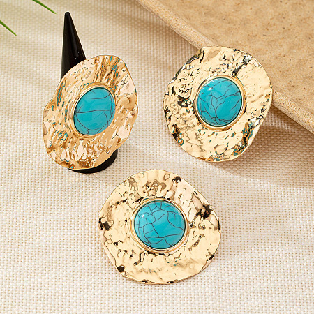 Flat Round Alloy & Synthetic Turquoise Ring & Stud Earring Sets FS-WG73FC1-02-1