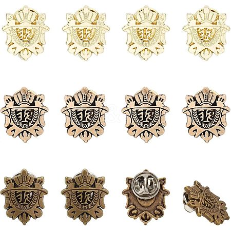 CHGCRAFT 12Pcs 3 Colors Alloy Shield Crown Brooch Pin JEWB-CA0001-17-1