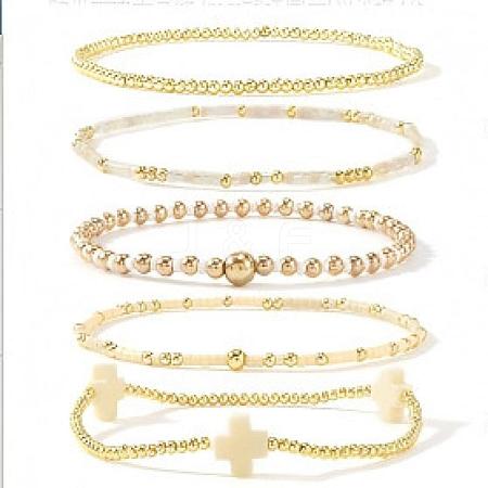 5Pcs 5 Styles Handmade Brass & Glass Beads Stretch Bracelet Set OI0028-9-1