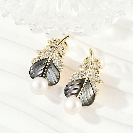 Feather Brass Clear Cubic Zirconia Stud Earrings KK-D301-12G-1