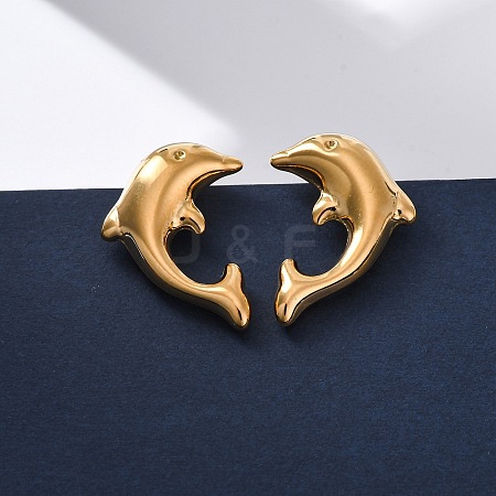 304 Stainless Steel Dolphin Stud Earrings EJEW-R028-01G-1