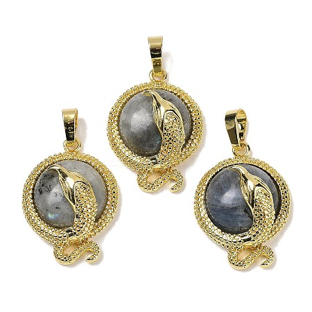 Natural Labradorite Flat Round Shaped Brass Pendants KK-F887-03G-27-1