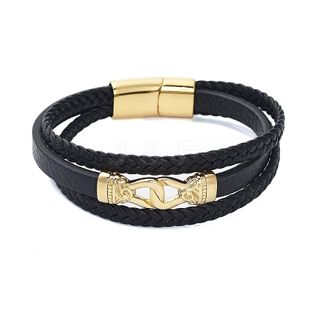 PVD Vacuum Plating Men's Black PU Leather Cord Multi-Strand Bracelets BJEW-K243-41G-1