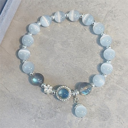 Flower Alloy & Cat Eye & Natural Aquamarine Round Beaded Charm Bracelets for Women WG9D4EC-11-1