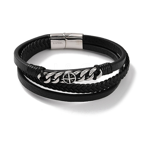 Men's Braided Black PU Leather Cord Multi-Strand Bracelets BJEW-K243-04AS-1