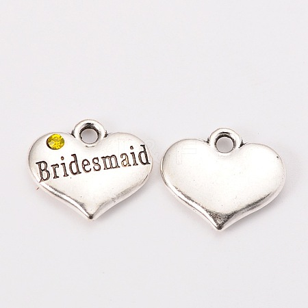 Wedding Theme Antique Silver Tone Tibetan Style Heart with Bridesmaid Rhinestone Charms TIBEP-N005-04A-1