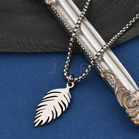 201 Stainless Steel Laser Cut Leaf Pendant Box Chain Necklaces for Women Men NJEW-Q004-08P-1