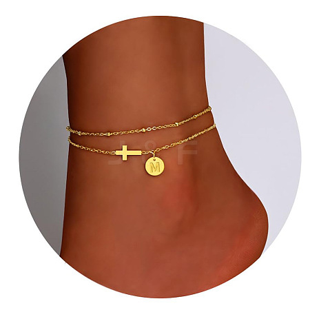 Brass Sideways Cross Link Anklets with Flat Round Initial Charms FS-WG12DAA-11-1