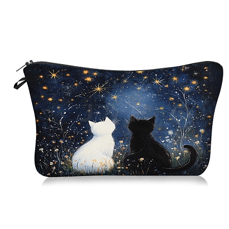 Polyester Cute Black & White Cat Under the Stars Printed Cosmetic Zipper Cluthch Bags PW-WGBE708-01-1