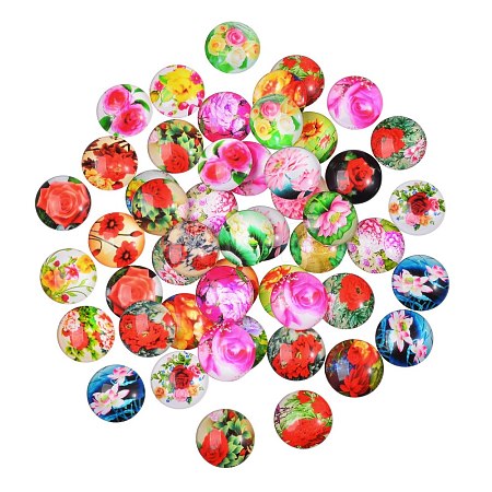 50Pcs Flower Printed Glass Cabochons sgGGLA-SZ0001-18-1