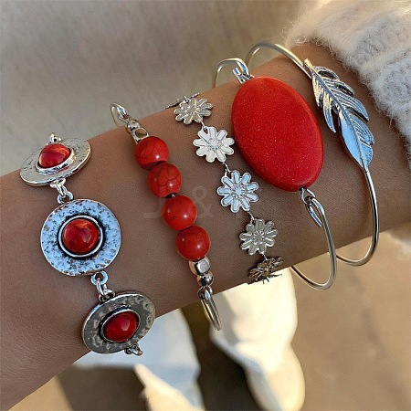 5Pcs 5 Styles  Bohemian Style Alloy Bangles WGC966A-02-1