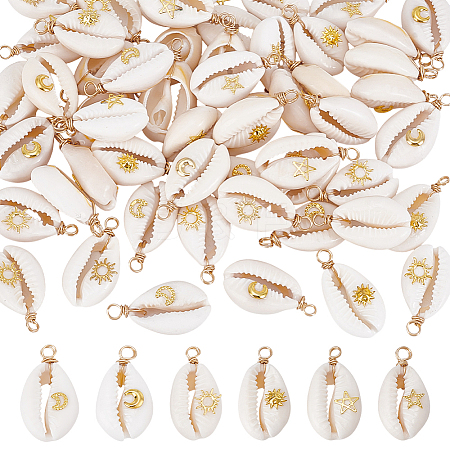 60Pcs 6 Styles Natural Cowrie Shell Pendants PALLOY-ME00013-1