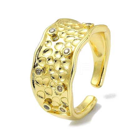 Textured Brass with Cubic Zirconia Open Cuff Ring RJEW-B051-10G-1