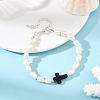 Dyed Synthetic Turquoise Black Religion Cross & Natural Pearl Rice Beaded Bracelets BJEW-JB14403-1