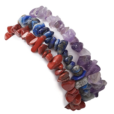 3Pcs 3 Styles Natural Amethyst & Lapis Lazuli &  Red Jasper Chips Stretch Bracelets Sets BJEW-JB11076-11-1