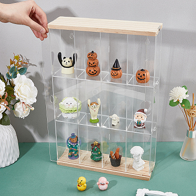 3-Tier 4-Grid Transparent Acrylic Minifigures Organizer Dispaly Case with Wood ODIS-WH0004-03B-1