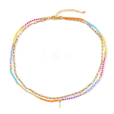 Colorful Glass Seed Beaded Initial Pendant Double Layer Necklaces QS3881-9-1