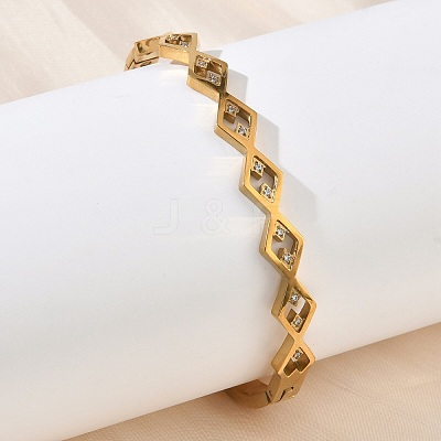 7MM 304 Stainless Steel Pave Clear Cubic Zirconia Rhombus Hinged Bangles for Women BJEW-C151-02G-1