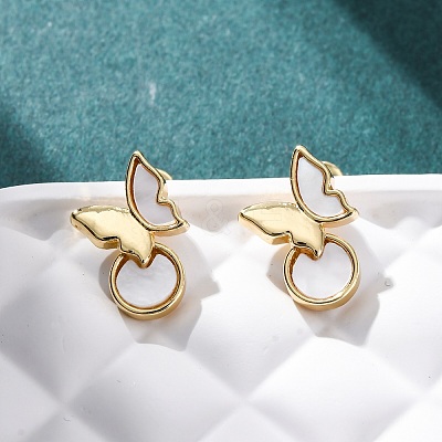 Butterfly Brass Shell Stud Earrings KK-D363-22G-1