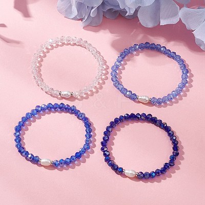 4Pcs Glass & Natural Cultured Freshwater Pearl Beads Stretch Bracelets for Women BJEW-JB13520-1