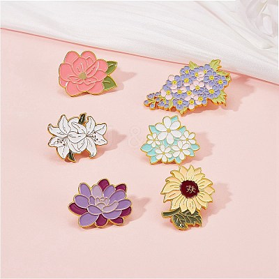 6Pcs 6 Style Flower Enamel Pins JEWB-SZ0001-61-1