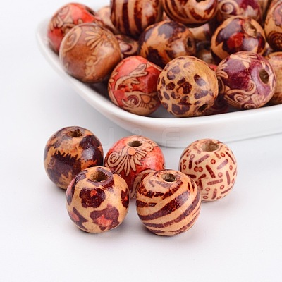 Round Printed Natural Wood Beads X-WOOD-R243-16mm-M2-1