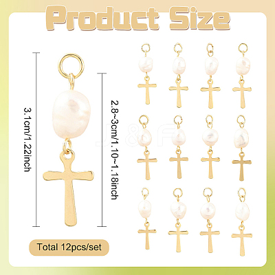 12Pcs Natural Cultured Freshwater Pearl & 201 Stainless Steel Pendants PALLOY-YW00147-1