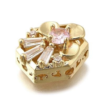 Brass Clear & Pink Cubic Zirconia Hexagon with Flower Multi-Strand Links KK-M316-16G-1