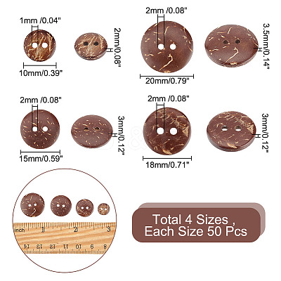 200Pcs 4 Style 2-Hole Flat Round Coconut Buttons BUTT-AR0001-03-1