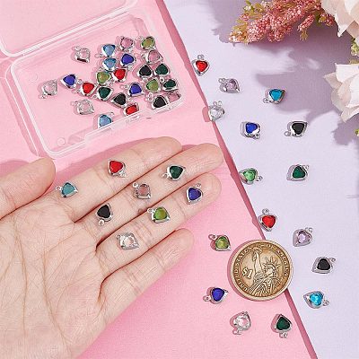 48Pcs 8 Colors Electroplated Natural Quartz Stainless Steel Faceted Heart Charms STAS-UN0056-89-1