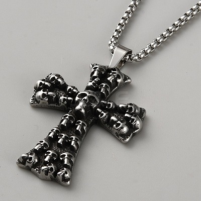Tibetan Style Alloy Skull Cross Pendant Box Chain Necklaces for Men NJEW-WH0028-02AS-1