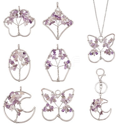 6Pcs 6 Styles Natural Amethyst Copper Wire Wrapped Chip Big Pendants G-PH0002-16-1