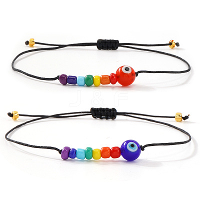 2Pcs Pride Month Evil Eye Glass Seed Beaded & Handmade Lampwork Braided Bead Bracelets MO7433-1-1