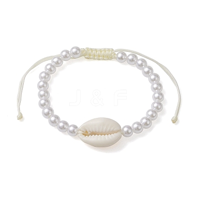 Adjustable ABS Plastic Imitation Pearl & Acrylic Shell Shape Braided Bead Bracelets BJEW-JB10104-04-1