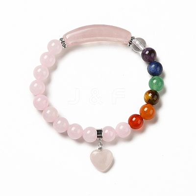 Natural Rose Quartz & Mixed Gemstone Beaded Stretch Bracelet with Heart Charm for Women BJEW-K164-B26-1