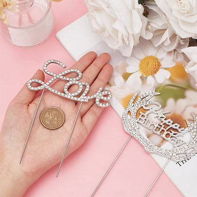 2Pcs 2 Styles Alloy & Rhinestone Cake Toppers AJEW-CP0001-44S-1