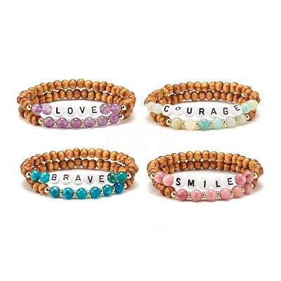 Natural Wood Round Beads Stretch Bracelets Sets BJEW-JB07347-1