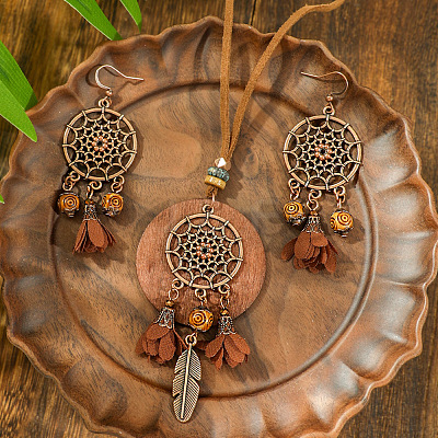 Bohemian Style Alloy & Wood & Leather Dangle Earrings & Necklaces Sets FS-WG3D99C-01-1