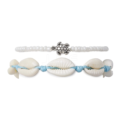 2Pcs 2 Style Glass Seed & Alloy Turtle Beaded Stretch Bracelets Set BJEW-JB09707-1