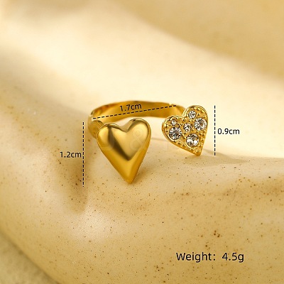 Heart 304 Stainless Steel Micro Pave Cubic Zirconia Open Cuff Rings RJEW-S415-01G-01-1