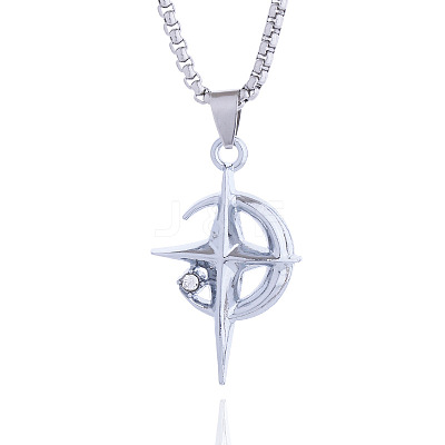 Star Moon Stainless Steel Crystal Rhinestone Pendant Necklaces FS-WGC8607-01-1