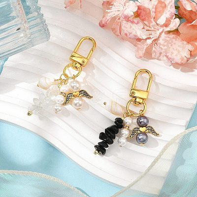 2Pcs 2 Colors Natural Obsidian & Quartz Crystal Chips Pendant Decoration HJEW-JM02400-1