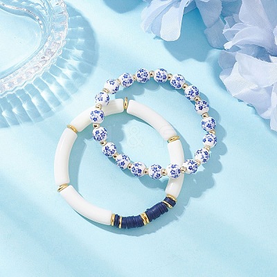 2Pcs 2 Styles Handmade Flower Porcelain Ceramic Round Beads Stretch Bracelets & Polymer Clay Heishi Beads Stretch Bracelets BJEW-JB12071-1
